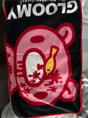 Gloomy Bear Graphic Blanket - Black, Pink & Red with Yellow Accent